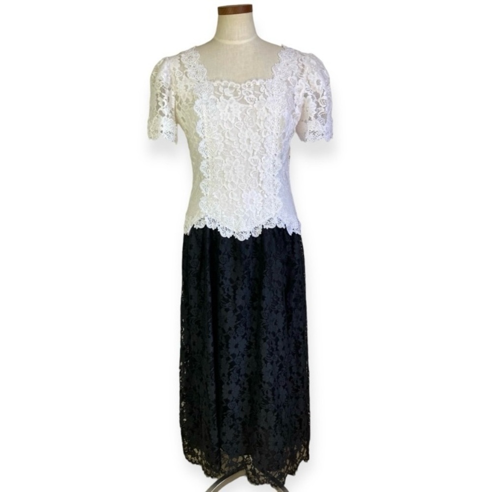 Vintage 80s Cachet by Bari Protas Lace Tea Length Dress